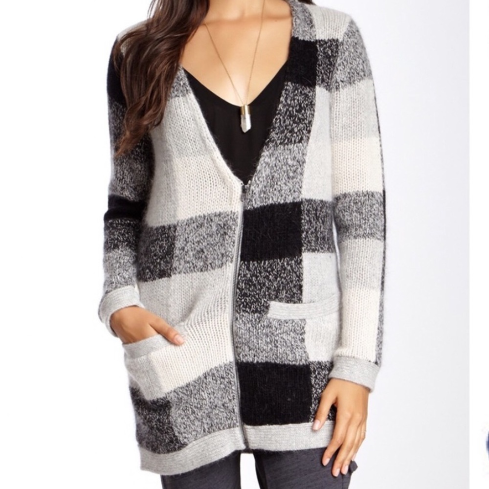 Splendid Plaid Zipper Sweater Cardigan Fuzzy